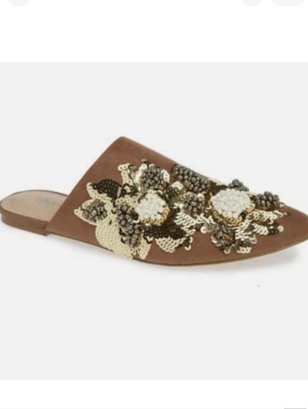 Charles David Fickle Slip-On Mules w/ Gold and Cream Beaded Floral Accents